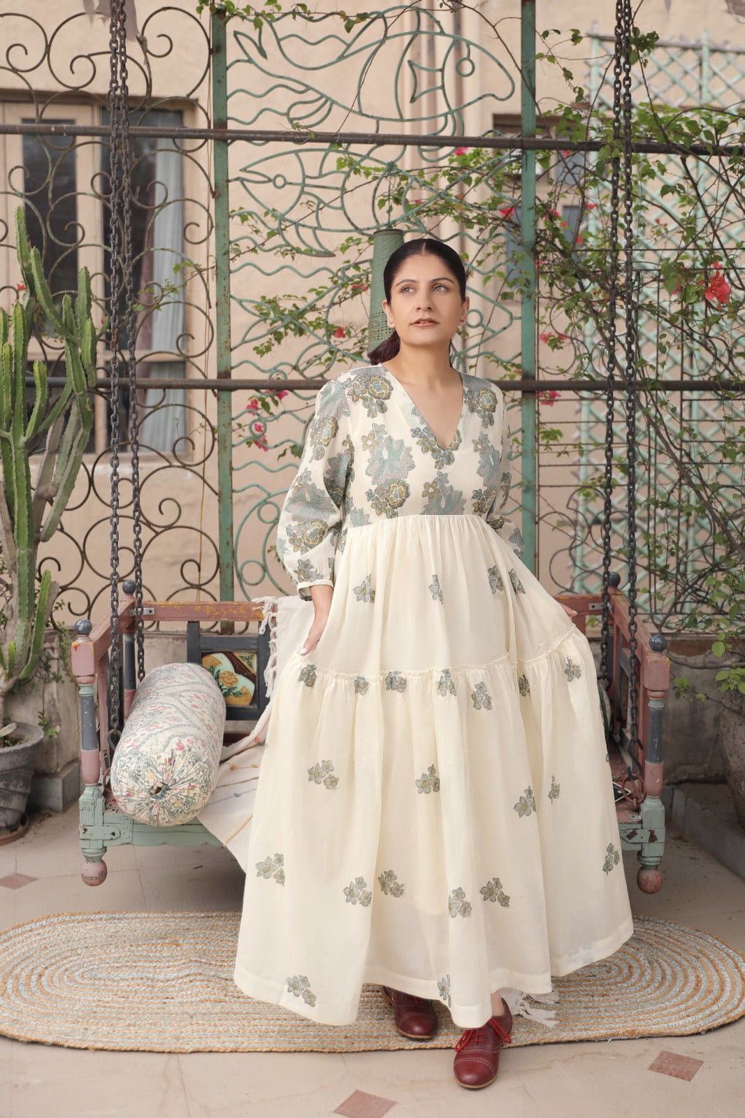 Ayat ivory pastel green hand block printed cotton dress Ayat ivory pastel green hand block printed cotton dress