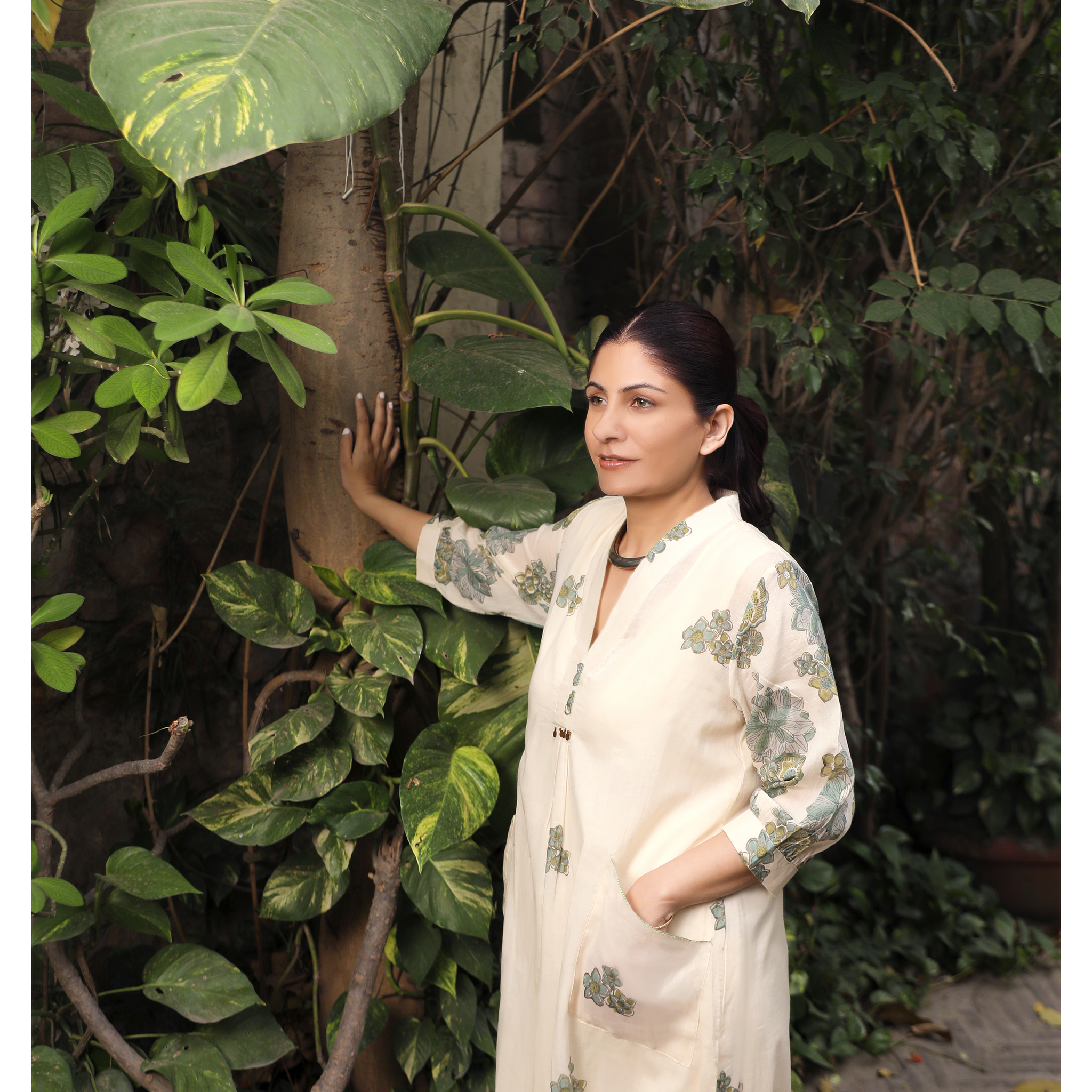 Ayat ivory pastel green hand block printed cotton co-ord set (set of 2)