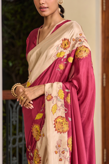 Coromandel  mulberry and beige applique silk saree