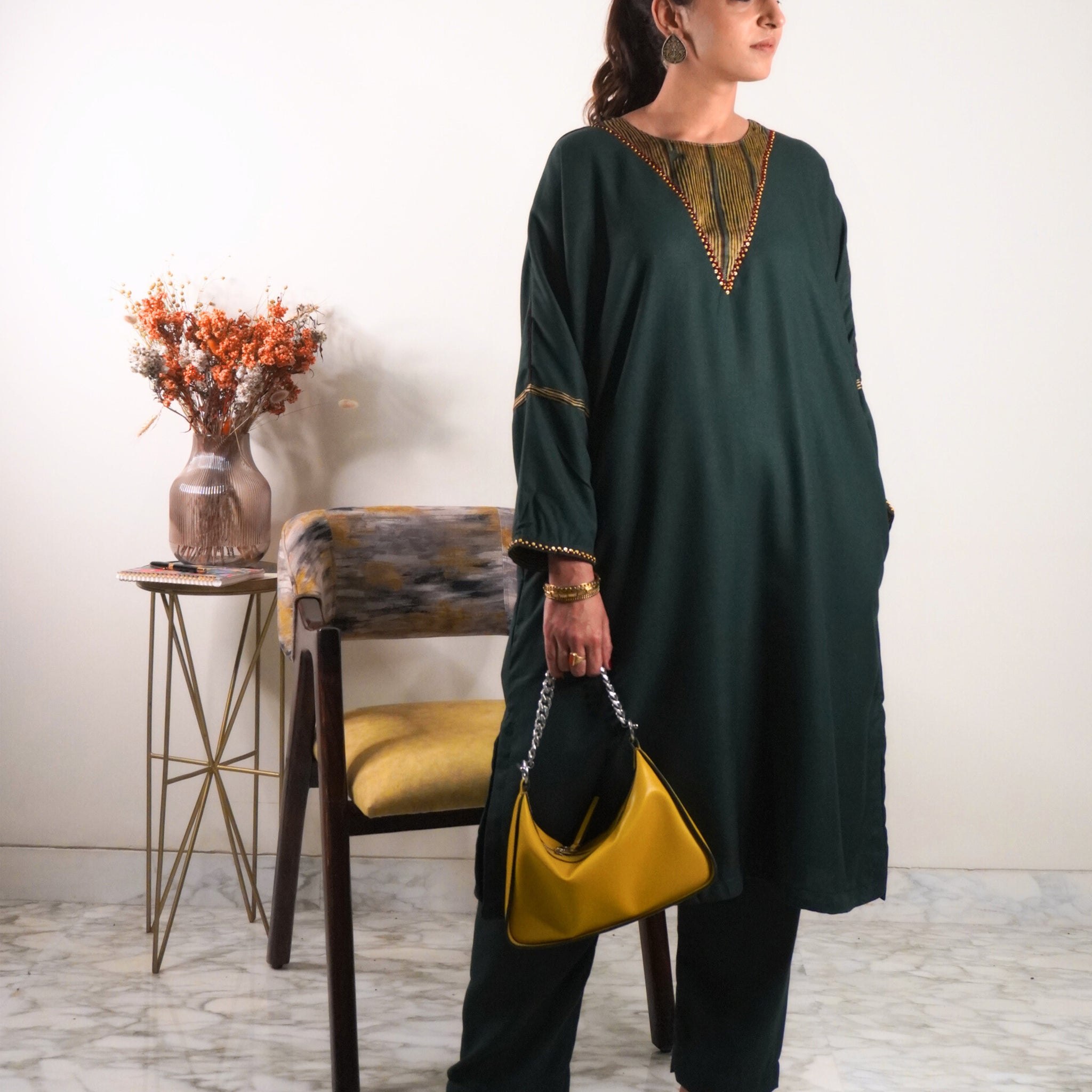 Zubeida emerald green woolen phiran set