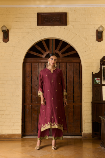 Elara zari emb mulberry/moss green kurta set