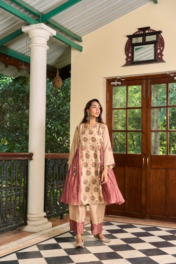 Rose jaal beige and burnt rose choga set