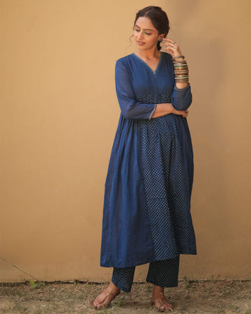 Indigo bagru block printed A-line kurta