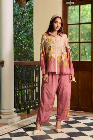 Coromandel beige and burnt rose  applique co-ord set