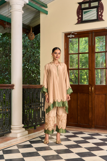Gulbann beige and moss green silk choga set