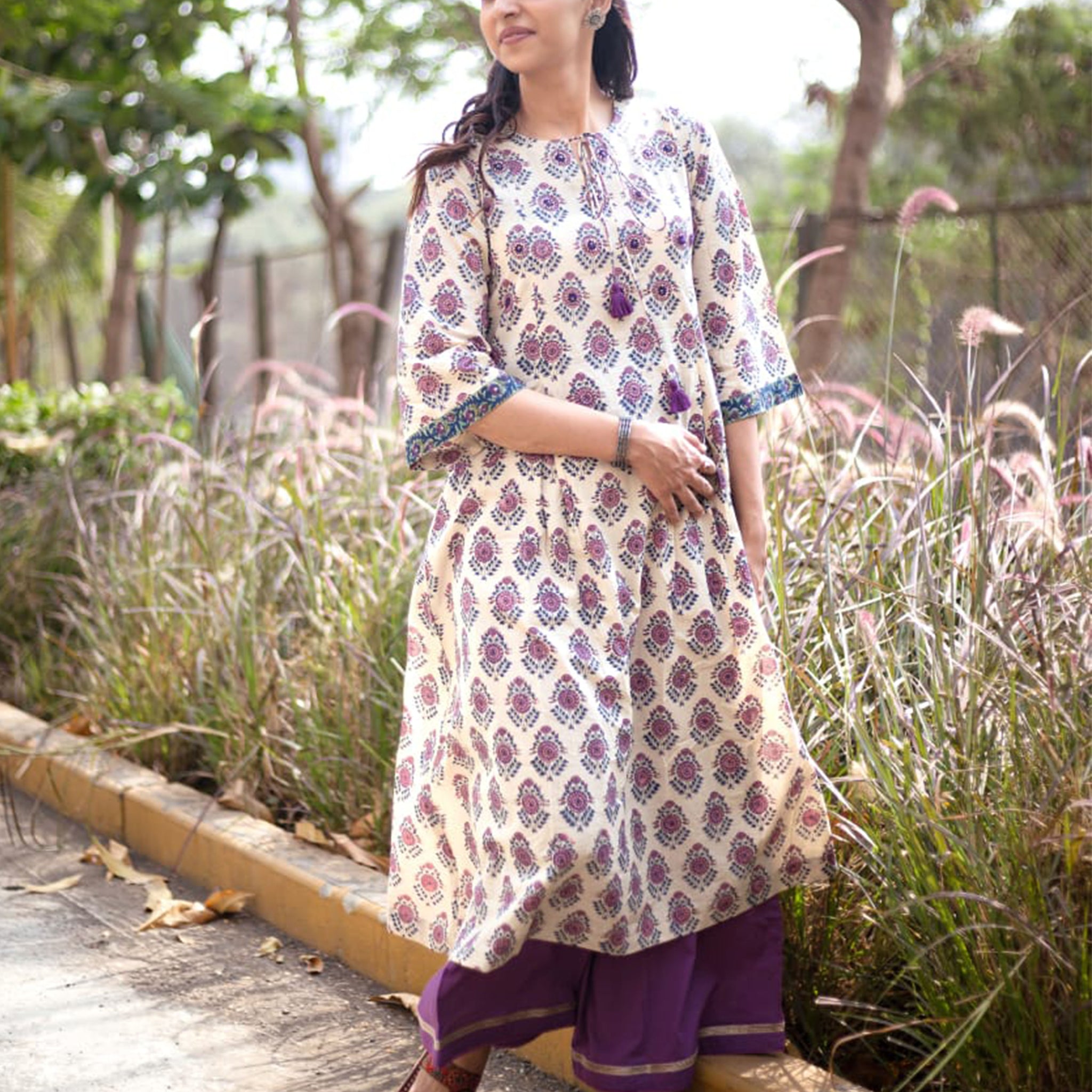 Grey cotton hand block printed cotton kurta