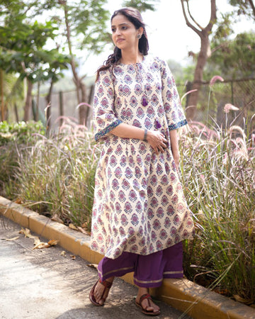 Grey cotton hand block printed cotton kurta