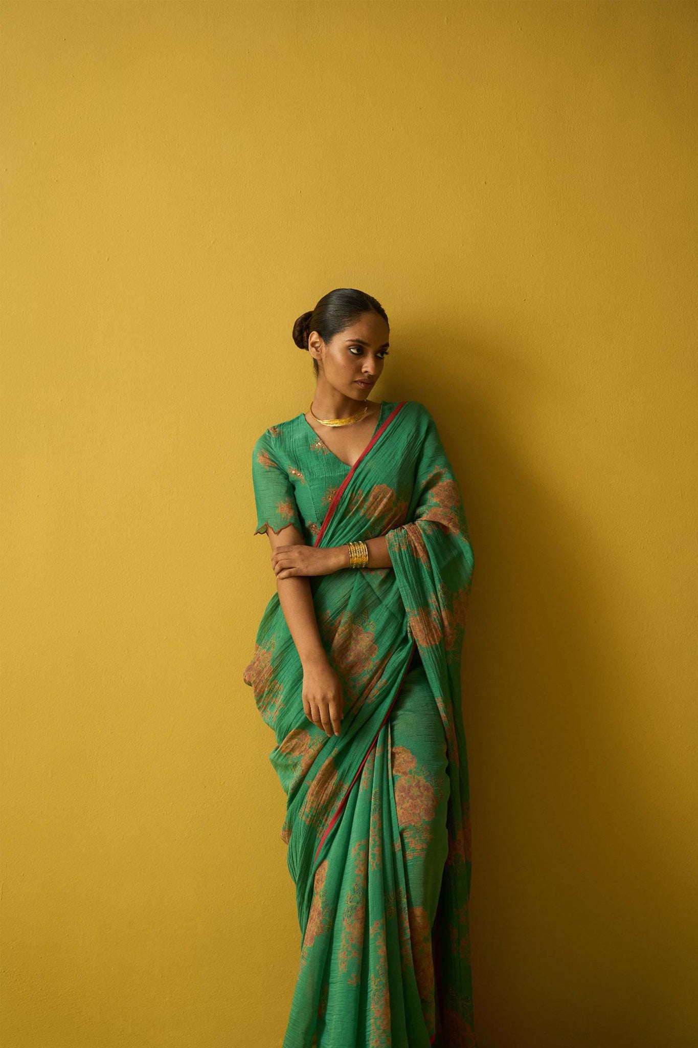 Tapsee emerald green hand block printed chanderi saree