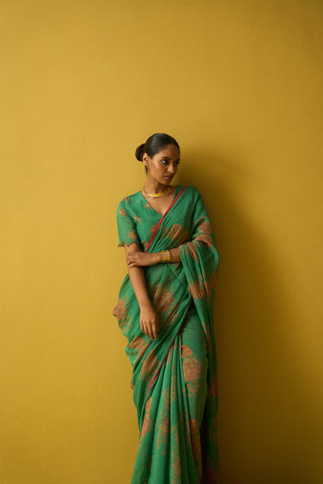 Tapsee emerald green hand block printed chanderi saree