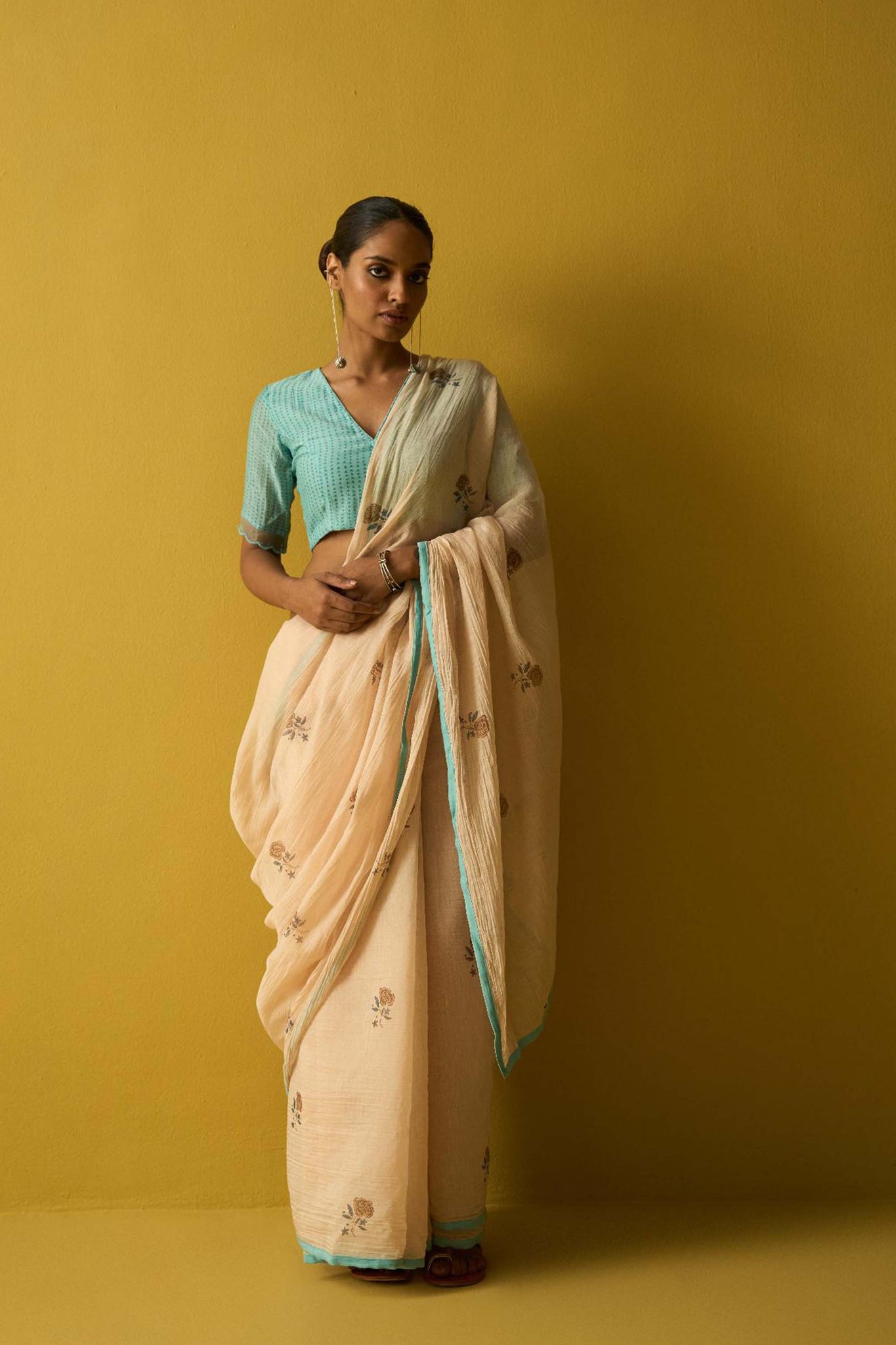 Tapsee ivory hand block printed chanderi saree