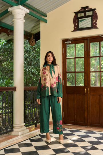 Coromandel beige and royal green applique co-ord set