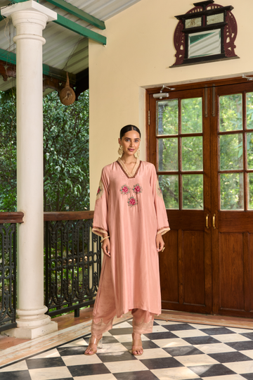 Rutba peach silk kurta set
