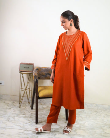 Zubeida orange zari work phiran set