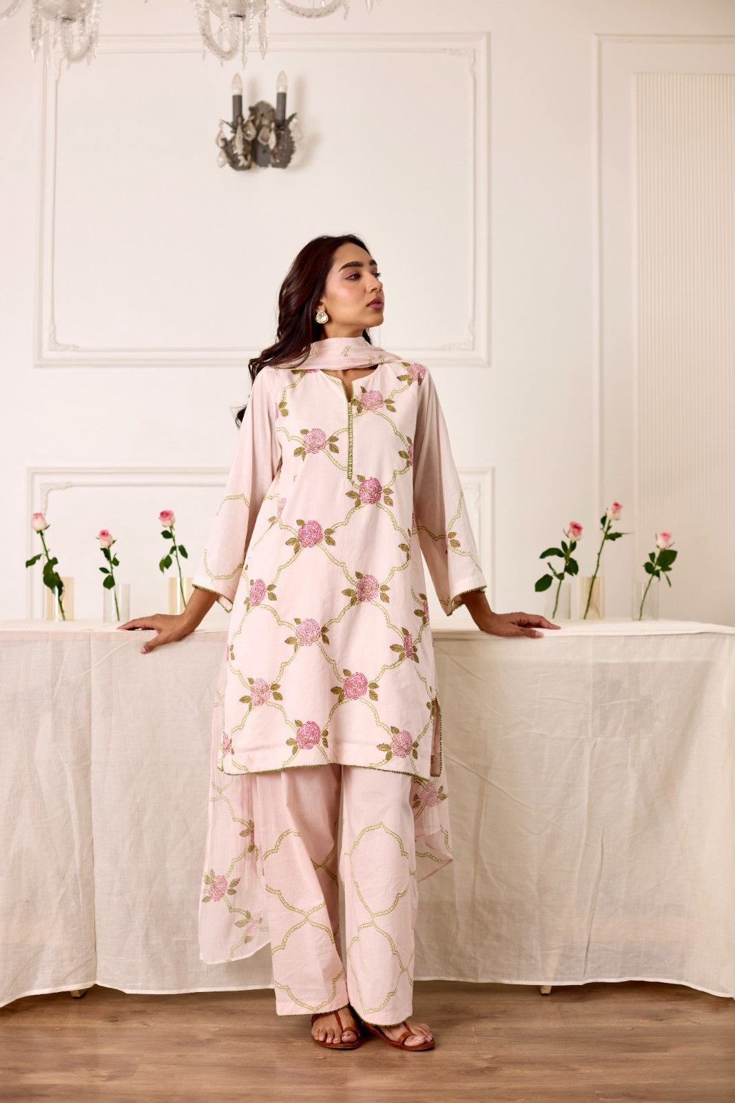 Gul Jaal pale pink hand block printed mulmul short kurta set (set of 3)