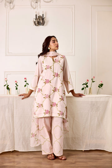 Gul Jaal pale pink hand block printed mulmul short kurta set (set of 3)