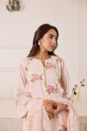 Gul Jaal pale pink hand block printed mulmul short kurta set (set of 3)