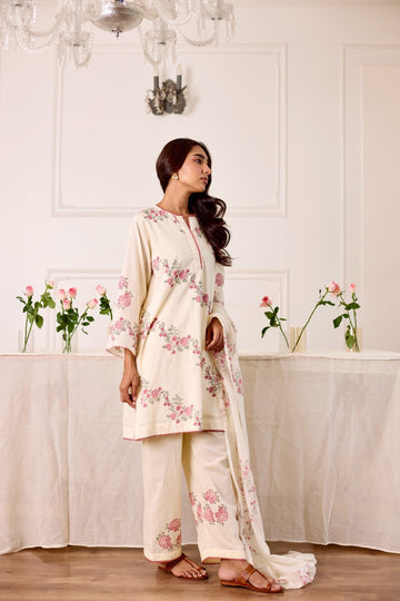 GulBel milky white hand block printed mulmul short kurta set (set of 3)