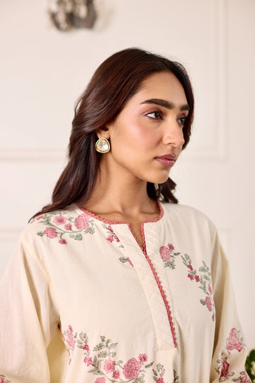 GulBel milky white hand block printed mulmul short kurta set (set of 3)