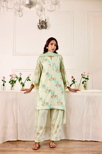 GulBel sea green hand block printed mulmul short kurta set (set of 3)