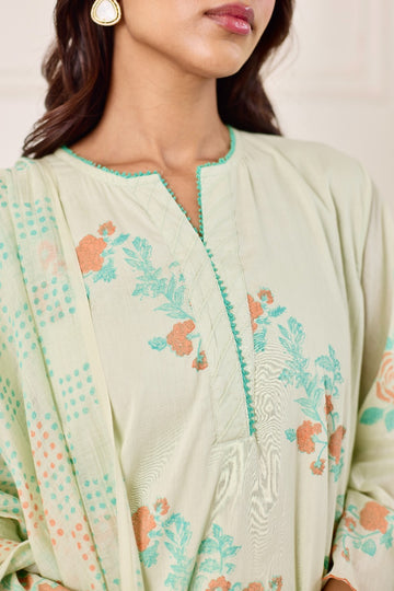 GulBel sea green hand block printed mulmul short kurta set (set of 3)