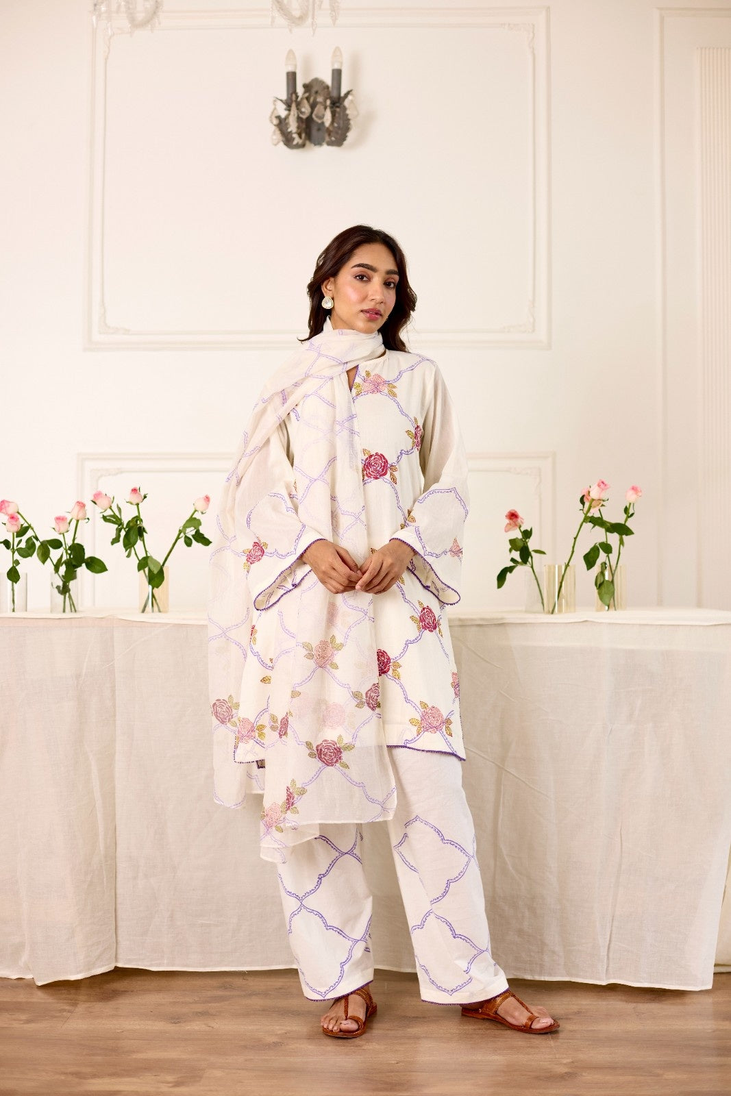 GulBel white-purple hand block printed mulmul short kurta set (set of 3)