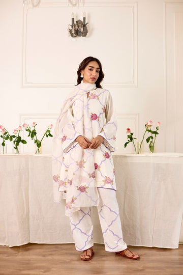 GulBel white-purple hand block printed mulmul short kurta set (set of 3)