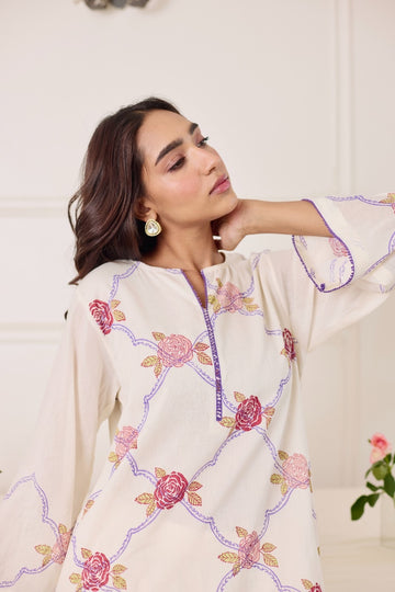 GulBel white-purple hand block printed mulmul short kurta set (set of 3)