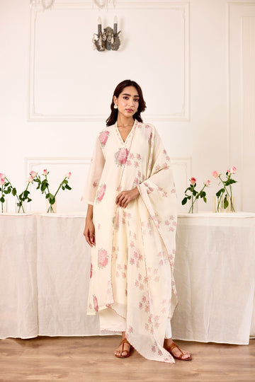 Serene milky white hand block printed chanderi kurta set (set of 3)