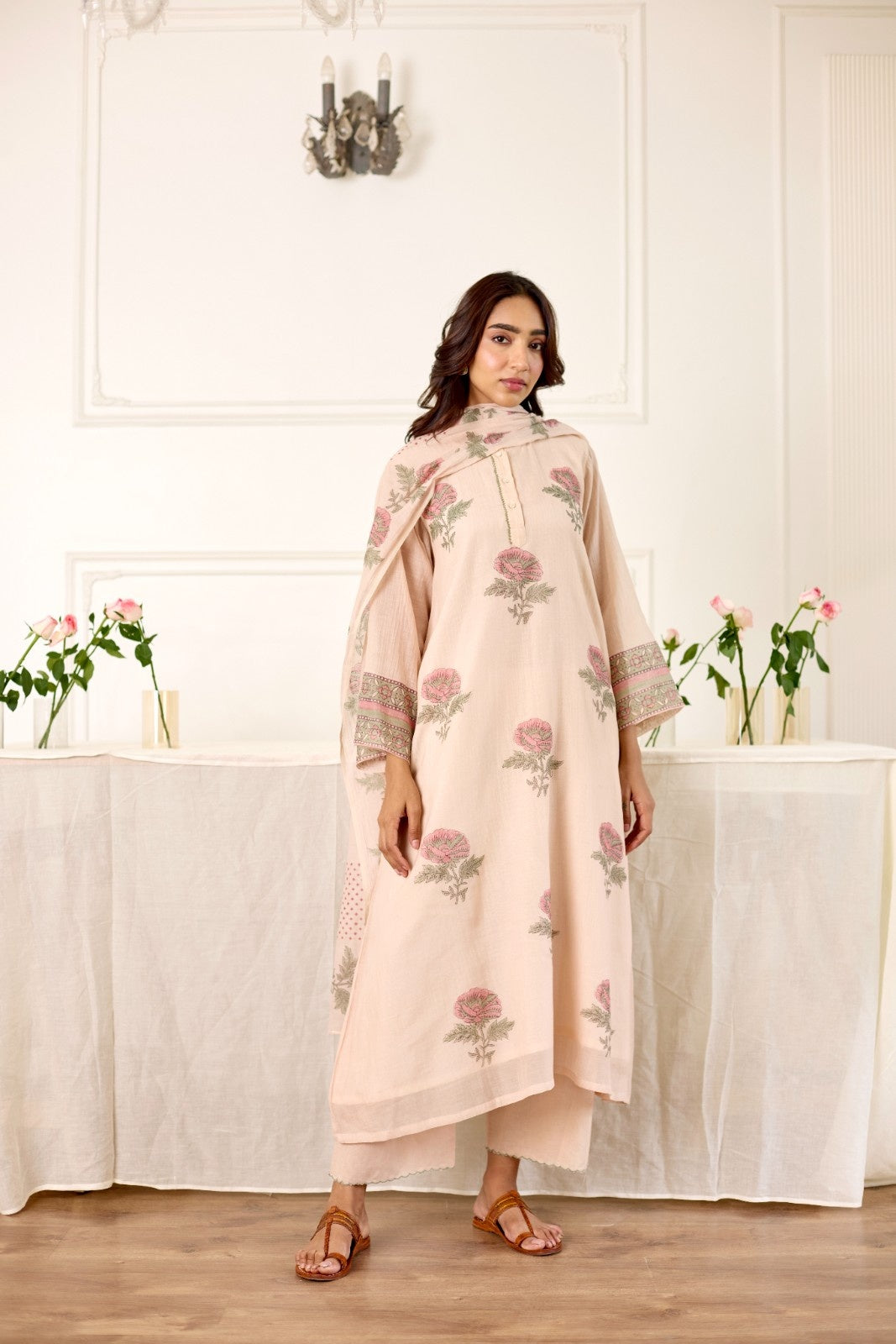 Gulbagh peach hand block printed chanderi kurta set (set of 3)