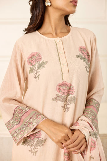 Gulbagh peach hand block printed chanderi kurta set (set of 3)
