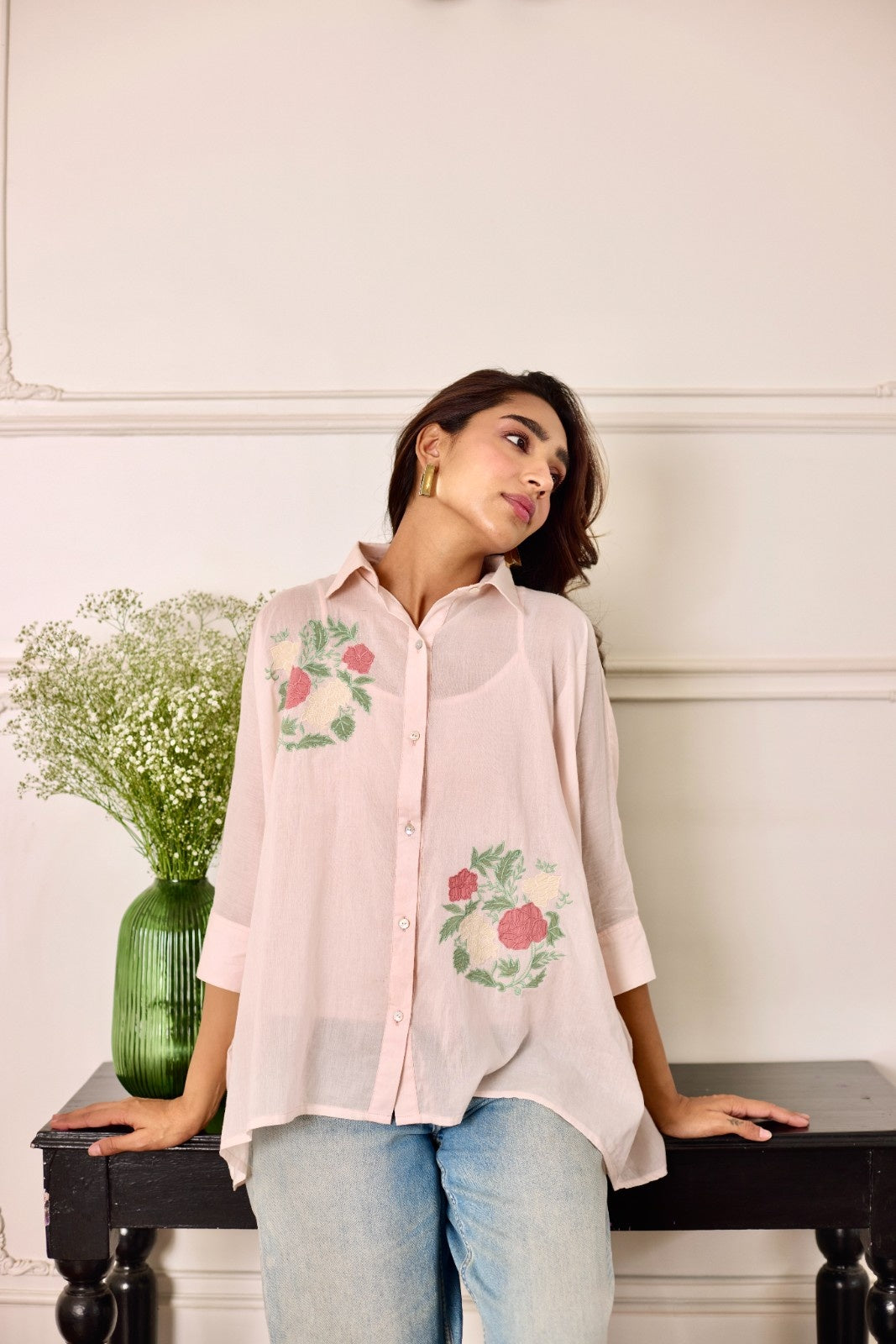 Rosette pale pink multicolor patchwork mulmul shirt