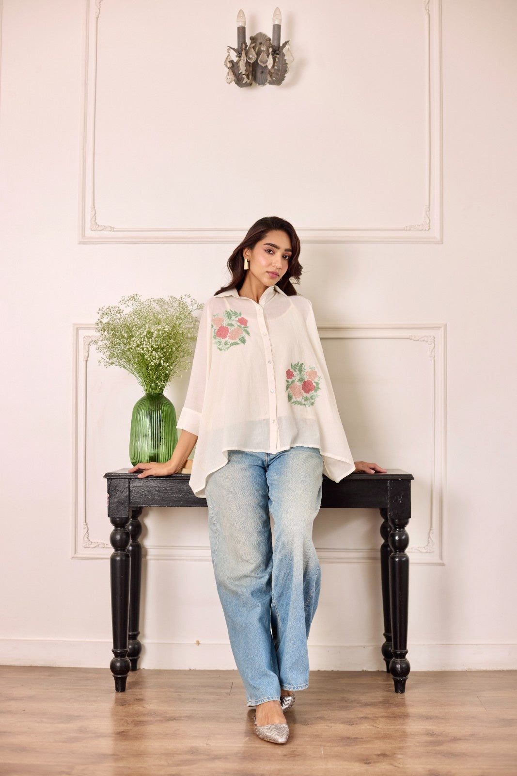 Rosette milky white multicolor patchwork mulmul shirt