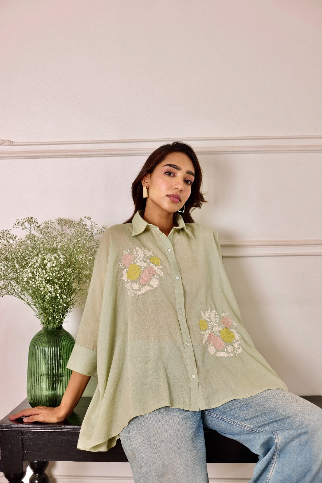 Rosette green multicolor patchwork mulmul shirt