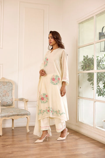 Adira milky white hand applique and thread embroidered chanderi kurta set (set of 3)