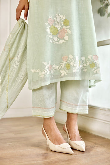 Adira sea green hand applique and thread embroidered chanderi kurta set (set of 3)