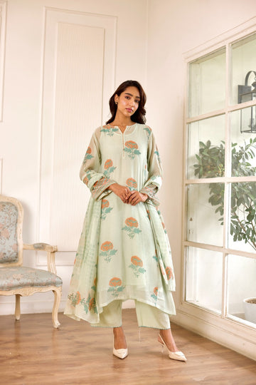 Gulbagh sea green hand block printed chanderi kurta set (set of 3)