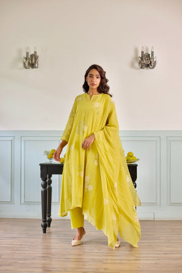 Rose lemon yellow hand block printed chanderi kurta set (set of 3)