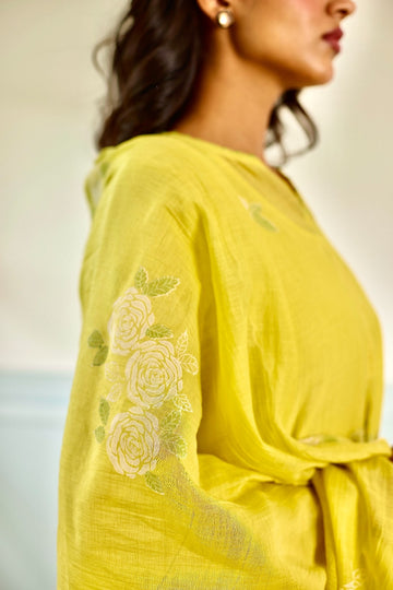 Rose lemon yellow hand block printed chanderi kurta set (set of 3)