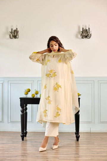 Rose milky white hand block printed chanderi kurta set (set of 3)