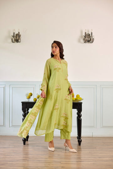 Gulbagh lemon green hand block printed chanderi kurta set (set of 3)
