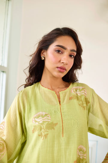 Gulbagh lemon green hand block printed chanderi kurta set (set of 3)