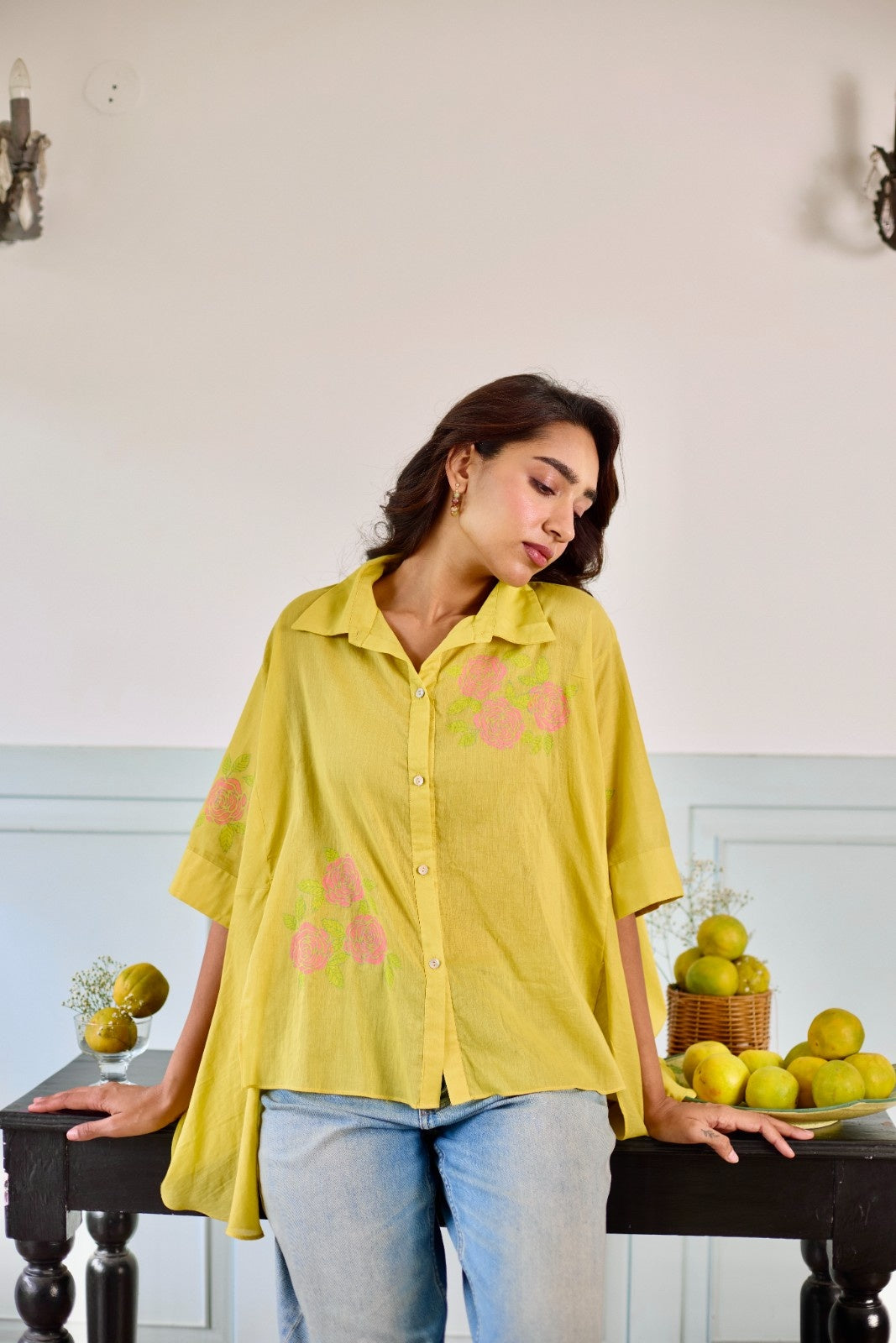 Rosette lemon yellow hand block printed mulmul shirt