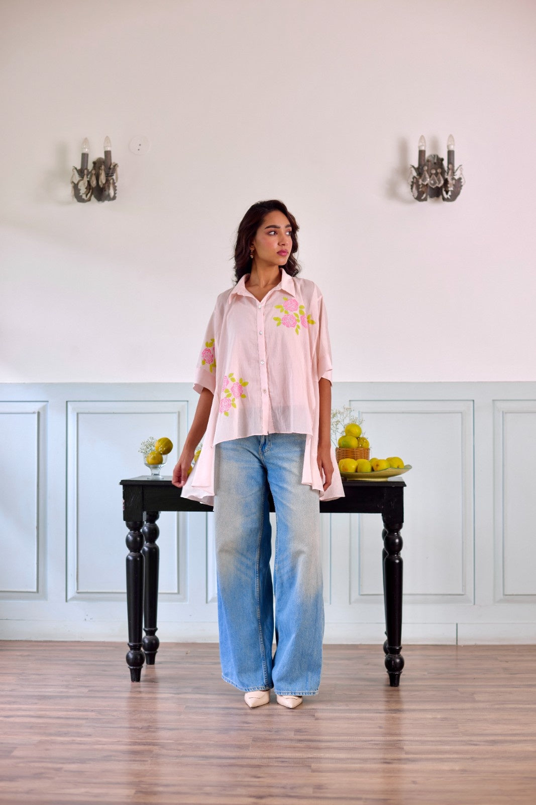 Rosette pale pink hand block printed mulmul shirt