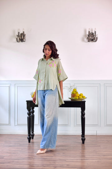 Rosette green hand block printed mulmul shirt