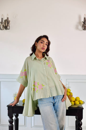 Rosette green hand block printed mulmul shirt