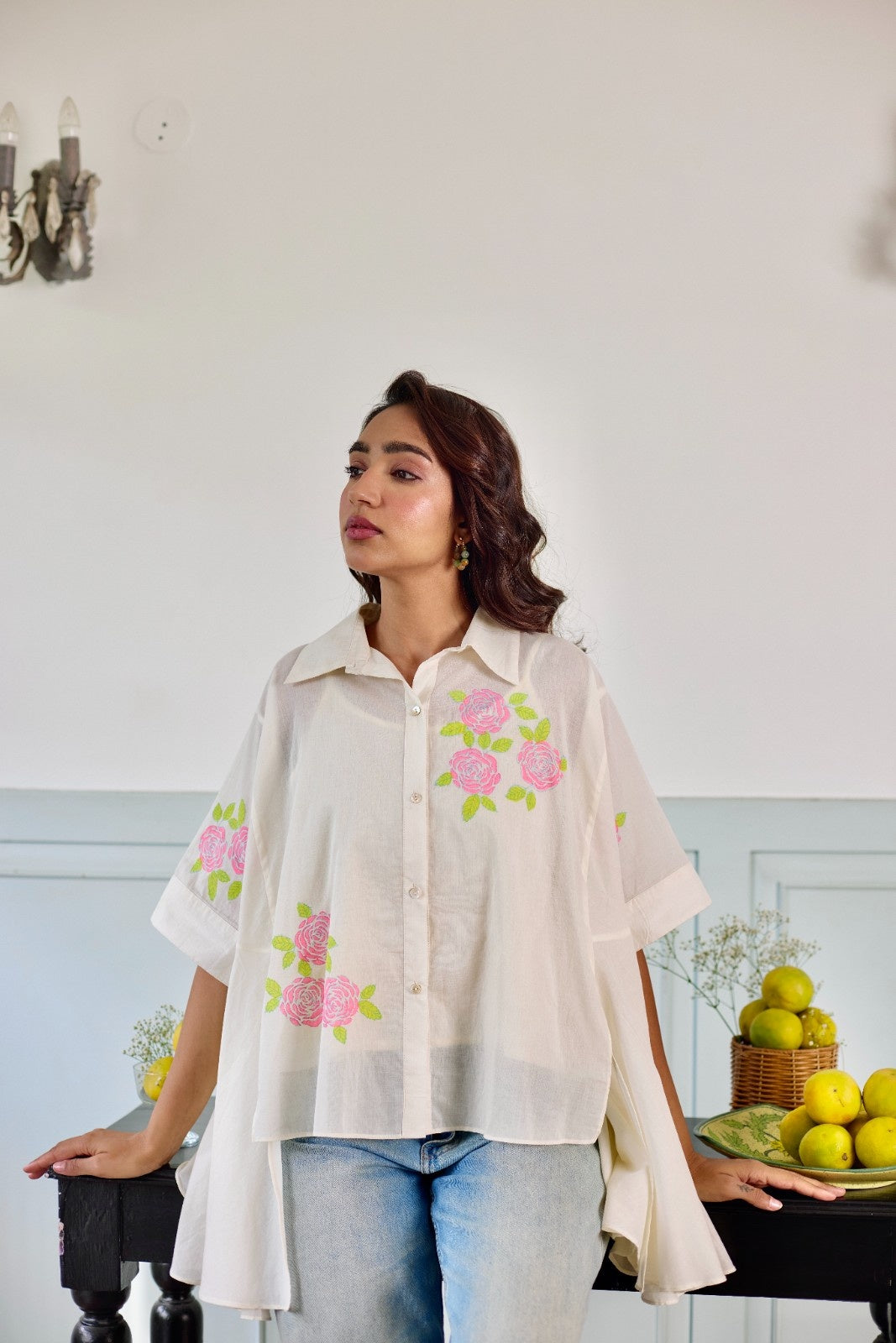 Rosette milky white hand block printed mulmul shirt