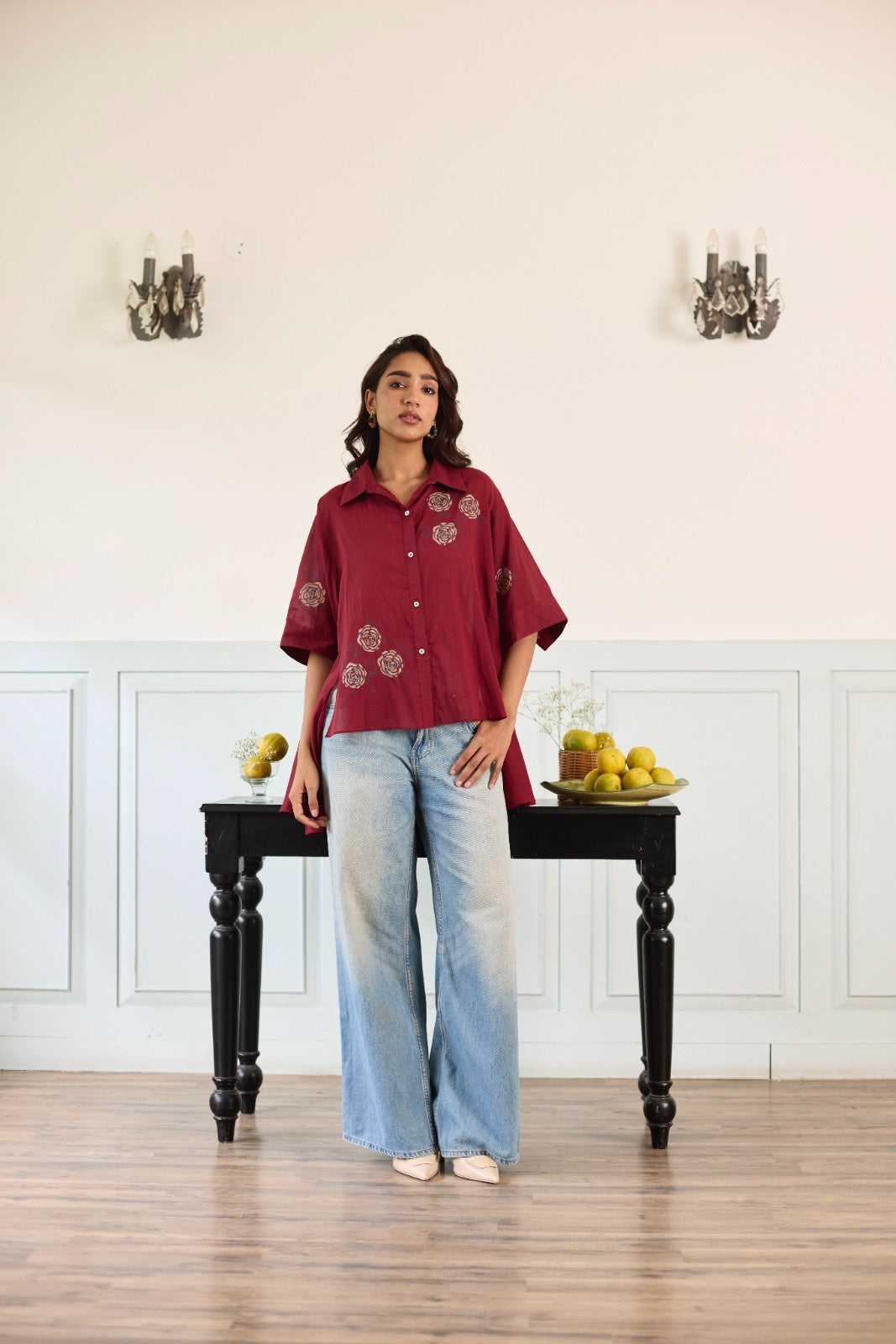 Rosette maroon hand block printed mulmul shirt
