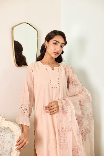 Meadows pale peach organza applique hand embroidered chanderi kurta set (set of 3)