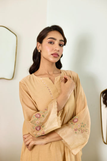 Meadows stone organza applique hand embroidered chanderi kurta set (set of 3)