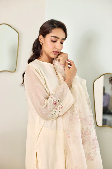 Meadows milky white organza applique hand embroidered chanderi kurta set (set of 3)